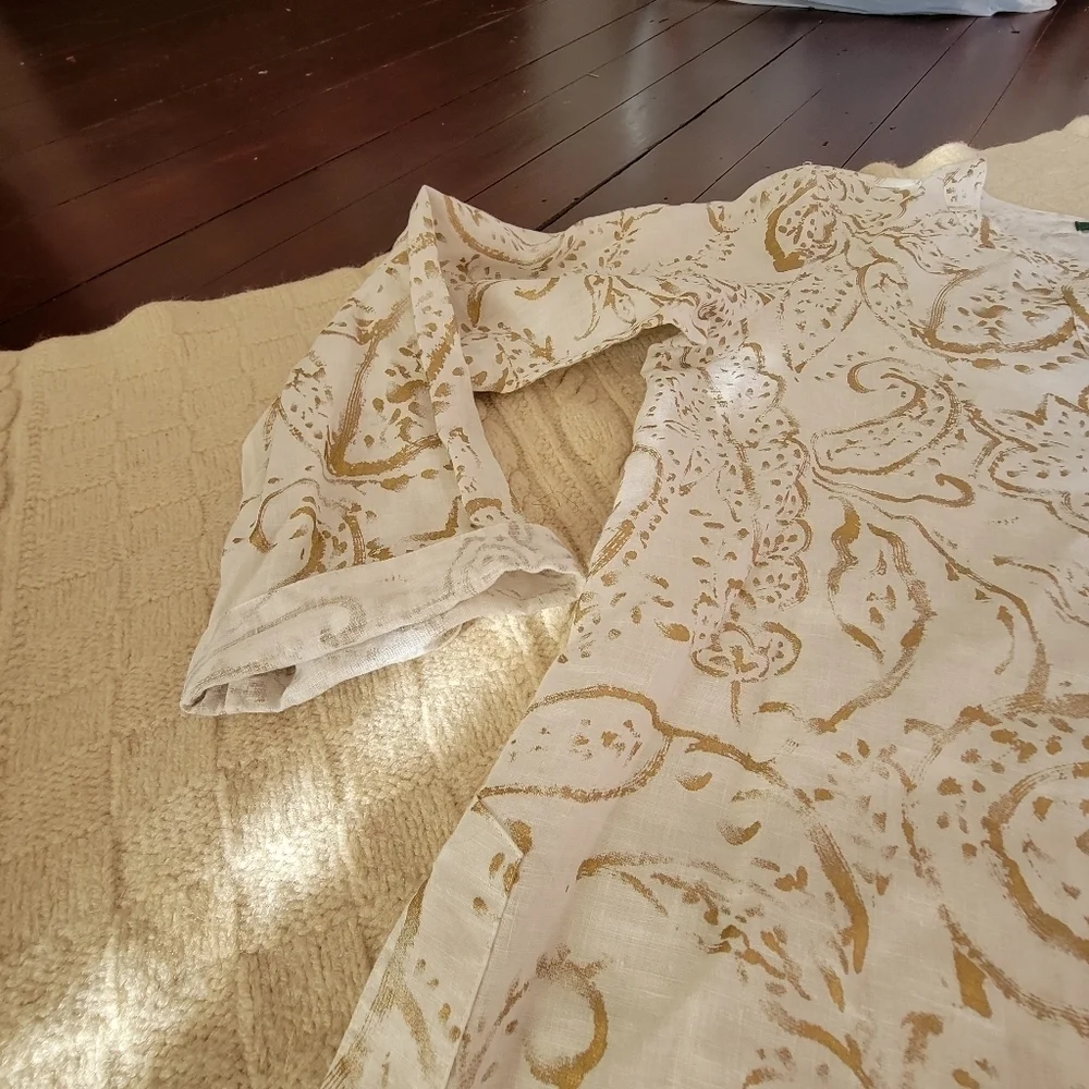 Lauren Ralph Lauren 100% Linen Gold Ivory Floral Print Shimmer Tunic size L